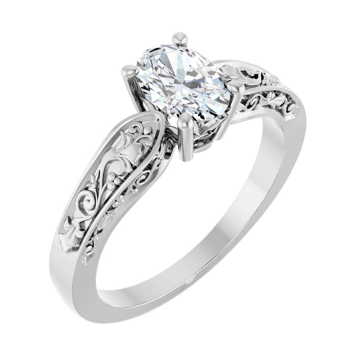 Oval Diamond Floral Sculptural Solitaire Engagement Ring in 14K White Gold with 1.0 ct oval diamond