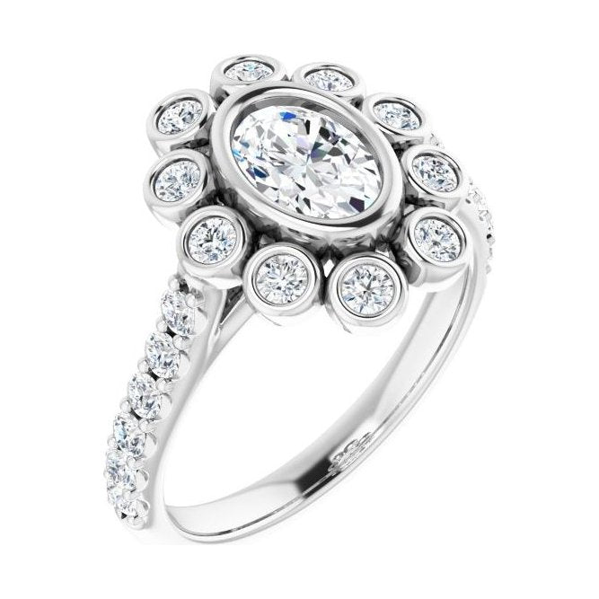 Oval Diamond Halo-Accented Bezel-Set Engagement Ring in 14K White Gold with 1.0 ct oval diamond