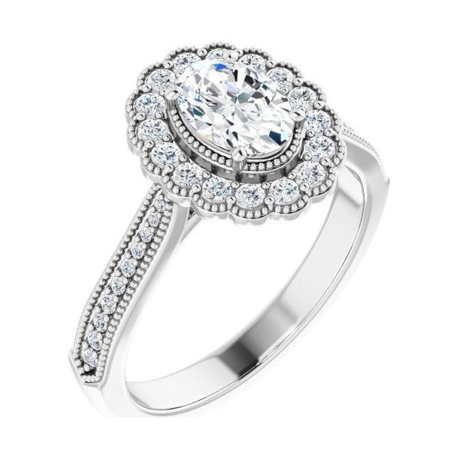 Oval Diamond Halo Petite Engagement Ring in 14K White Gold with 1.0 ct oval diamond