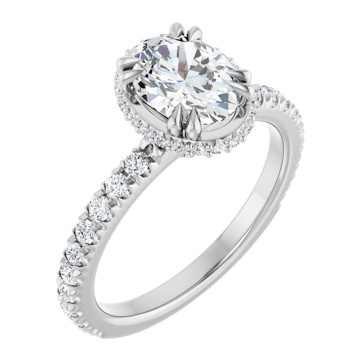 Oval Lab-Grown Diamond Hidden Halo Pavé engagement ring in 14K White Gold, shown with a 1.10 ct center