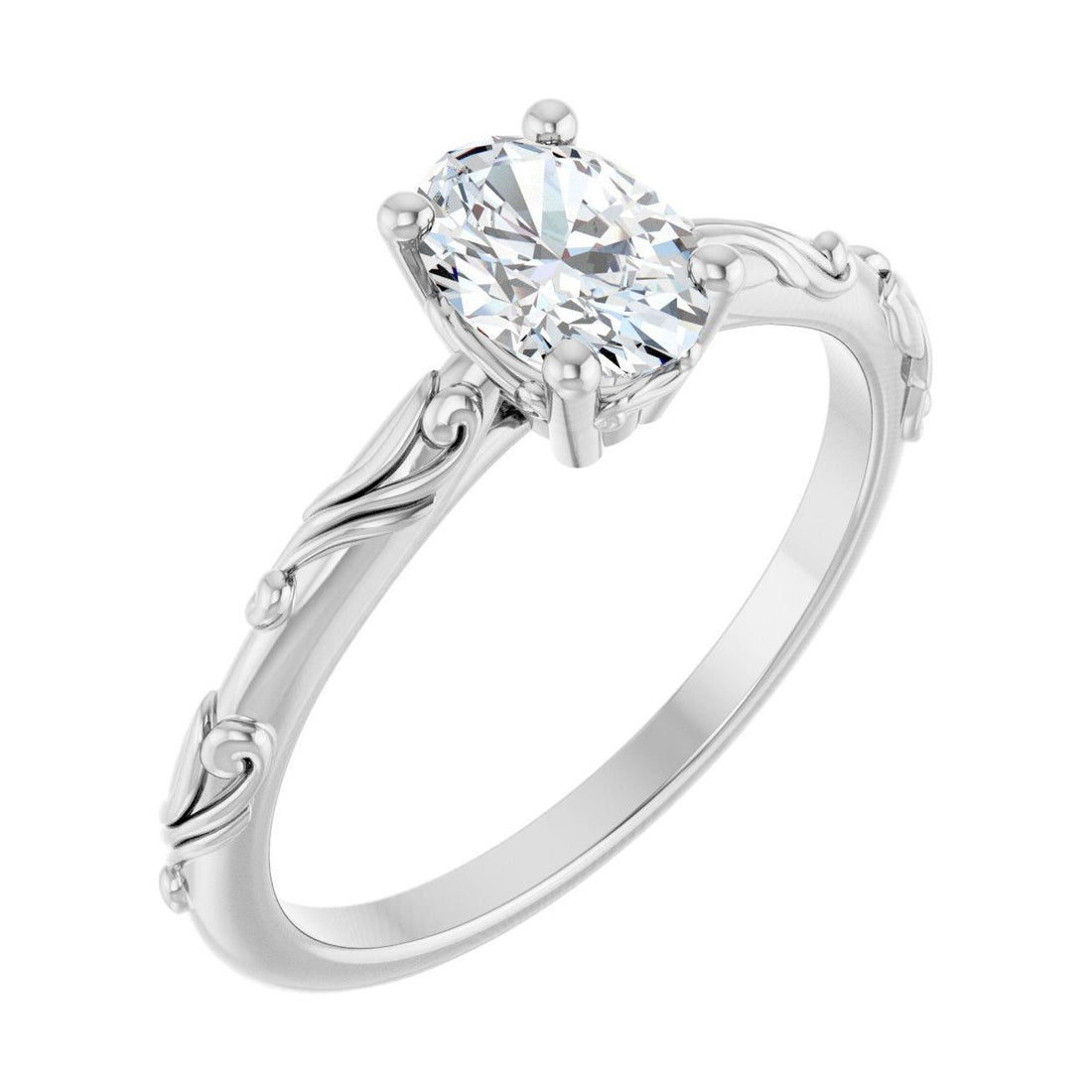 Oval Diamond Scroll Sculptural Solitaire Engagement Ring in 14K White Gold with 0.5 ct oval diamond