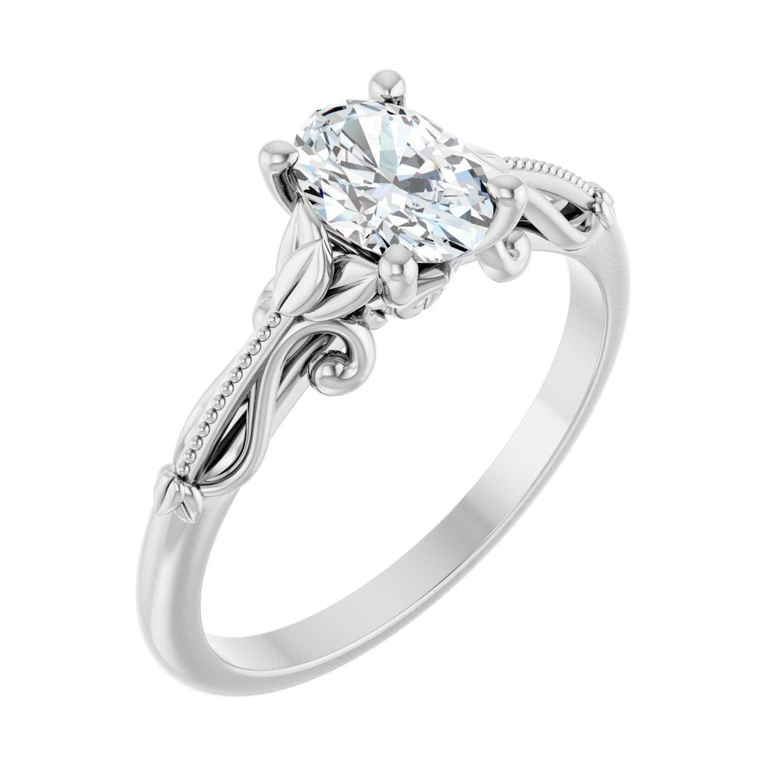 Oval Diamond Sculptural Solitaire Engagement Ring in 14K White Gold with 1.0 ct oval diamond