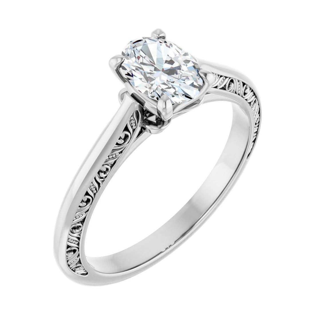 Oval Diamond Sculptural Solitaire Signature Engagement Ring in 14K White Gold with 1.0 ct oval diamond