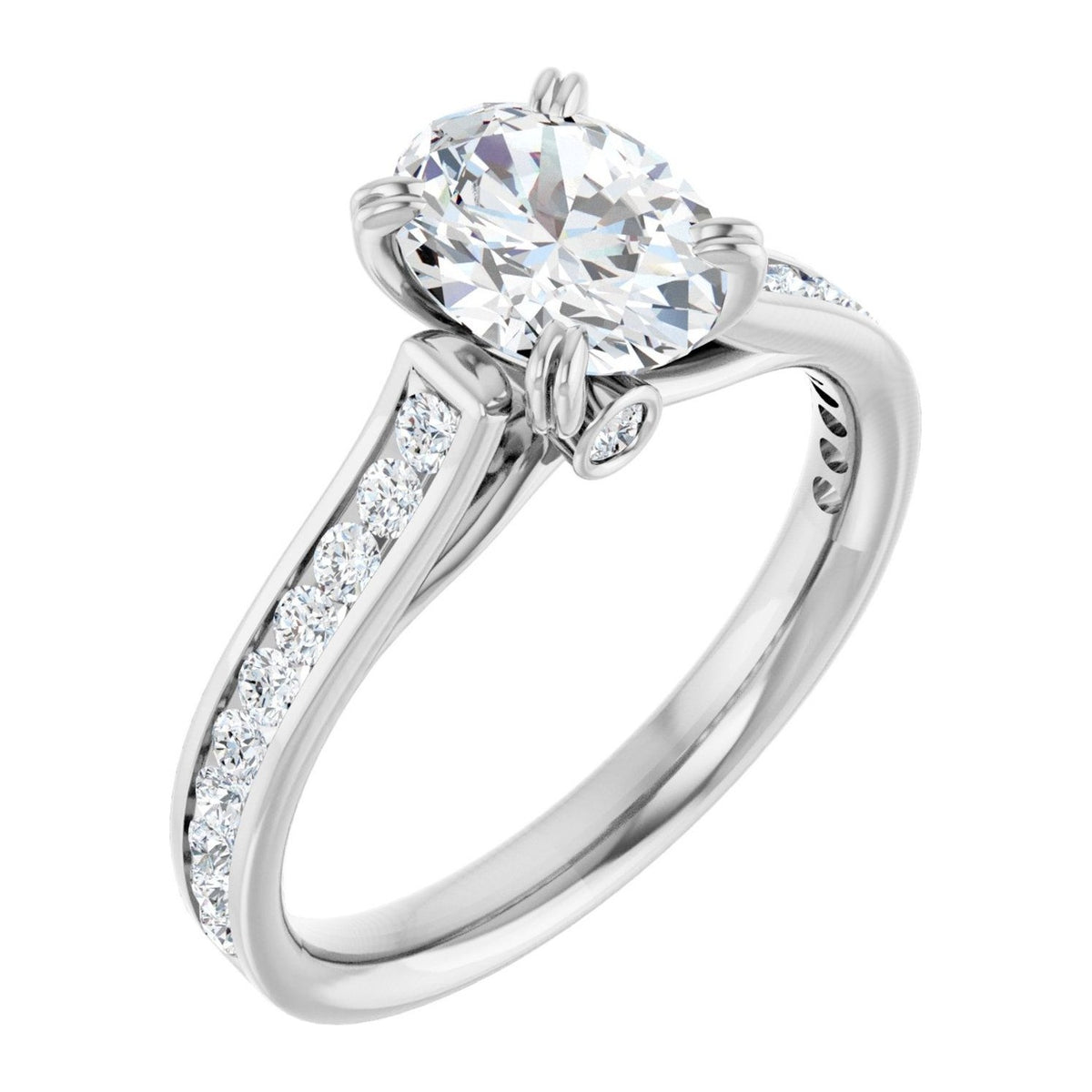 Oval Lab-Grown Diamond Split-Prong Channel-Set Cathedral engagement ring in 14K White Gold, shown with a 1.10 ct center