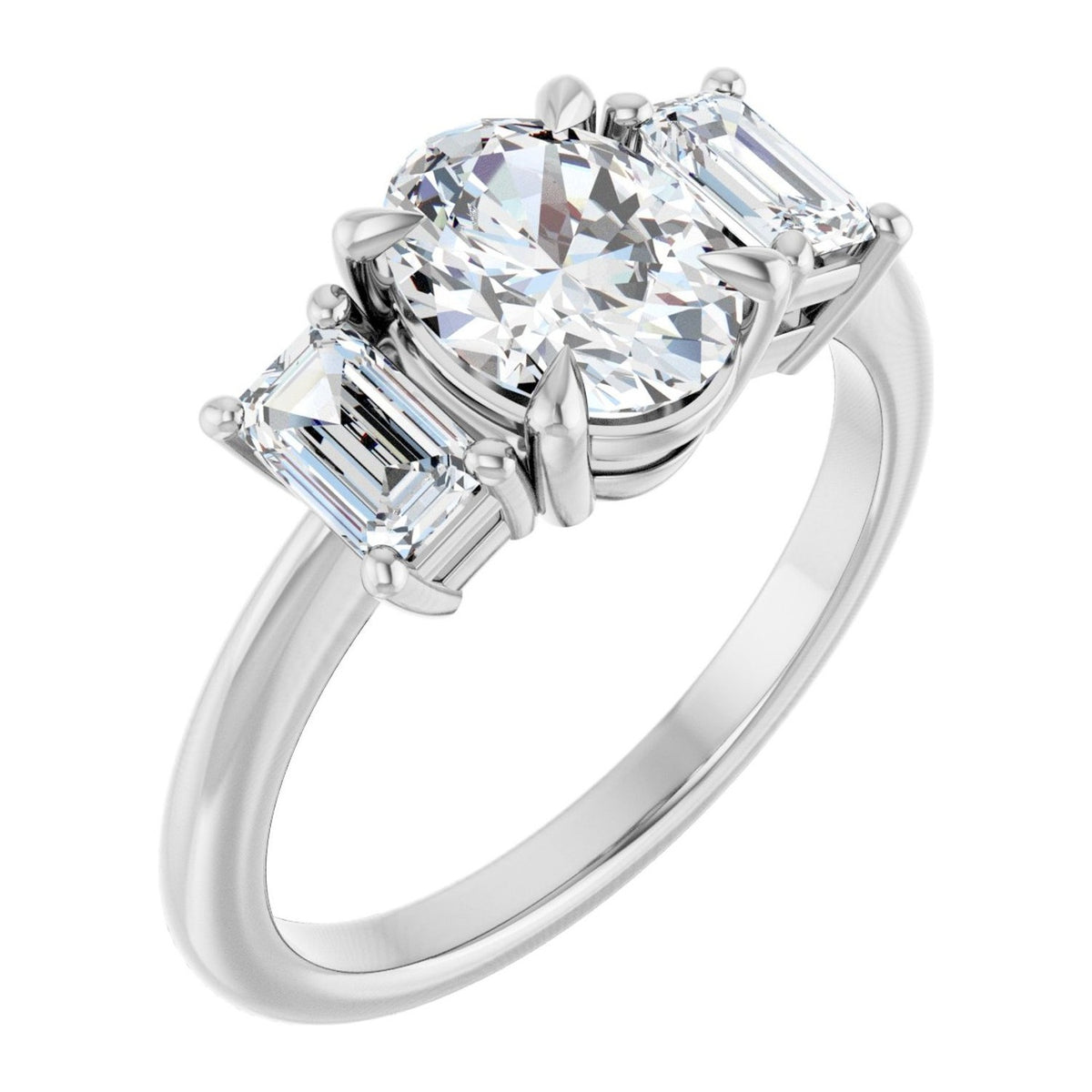 Oval Lab-Grown Diamond Three-Stone Emerald-Cut Sides engagement ring in 14K White Gold, shown with a 1.10 ct center