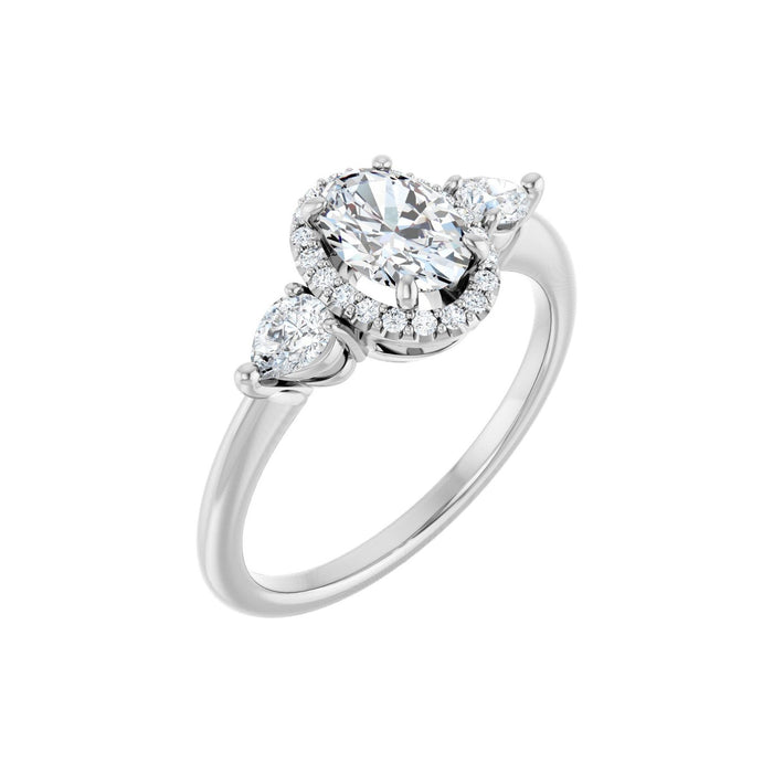 0.75 ct oval lab-grown diamond three-stone halo engagement ring in 14K White Gold