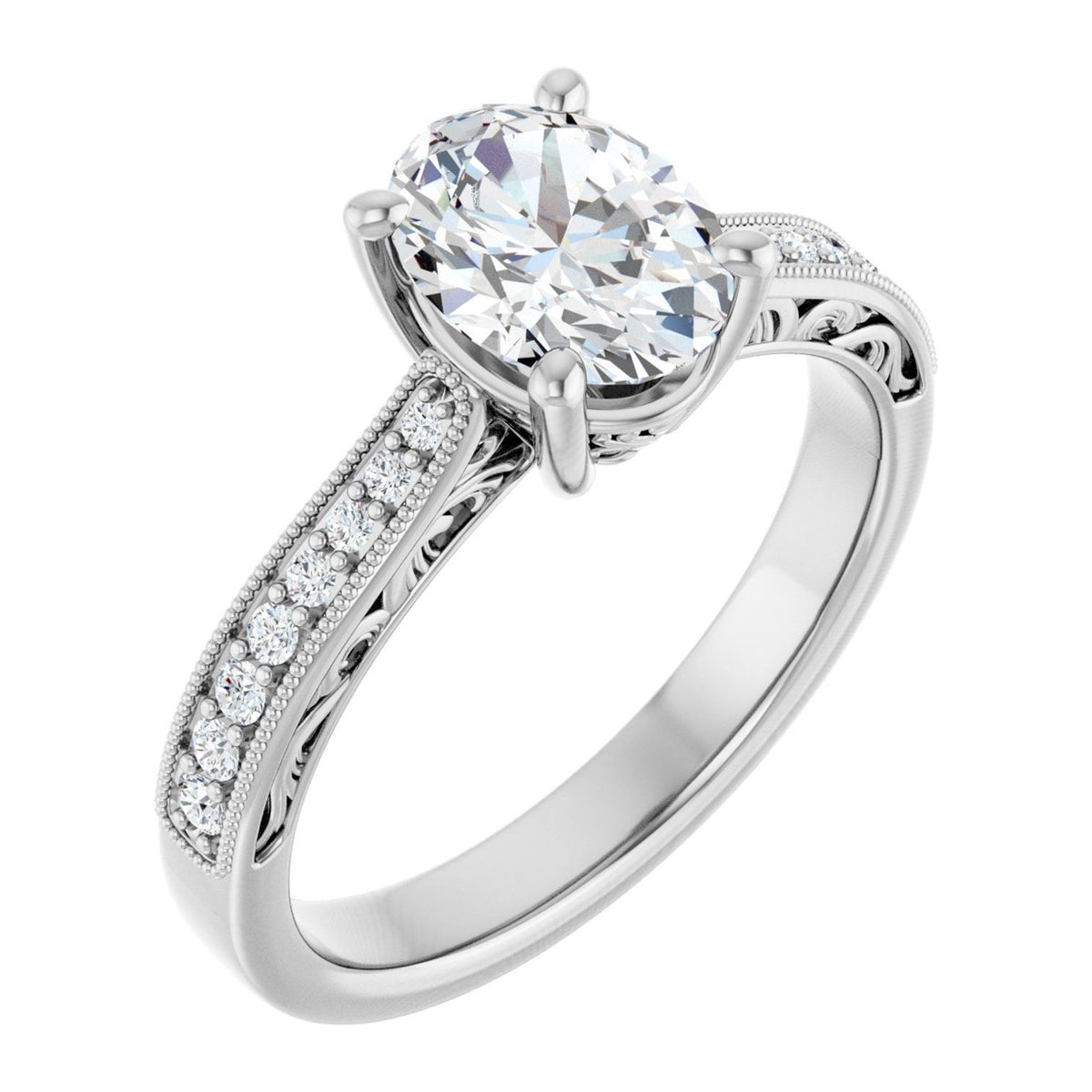 Oval Lab-Grown Diamond Vintage Milgrain Pavé engagement ring in 14K White Gold, shown with a 1.10 ct center