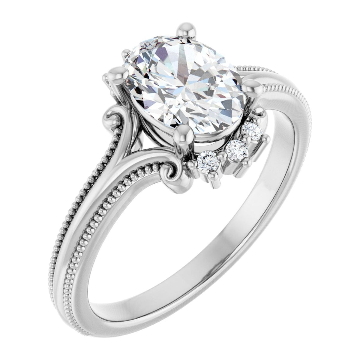 Oval Lab-Grown Diamond Vintage Scroll Cluster engagement ring in 14K White Gold, shown with a 1.10 ct center