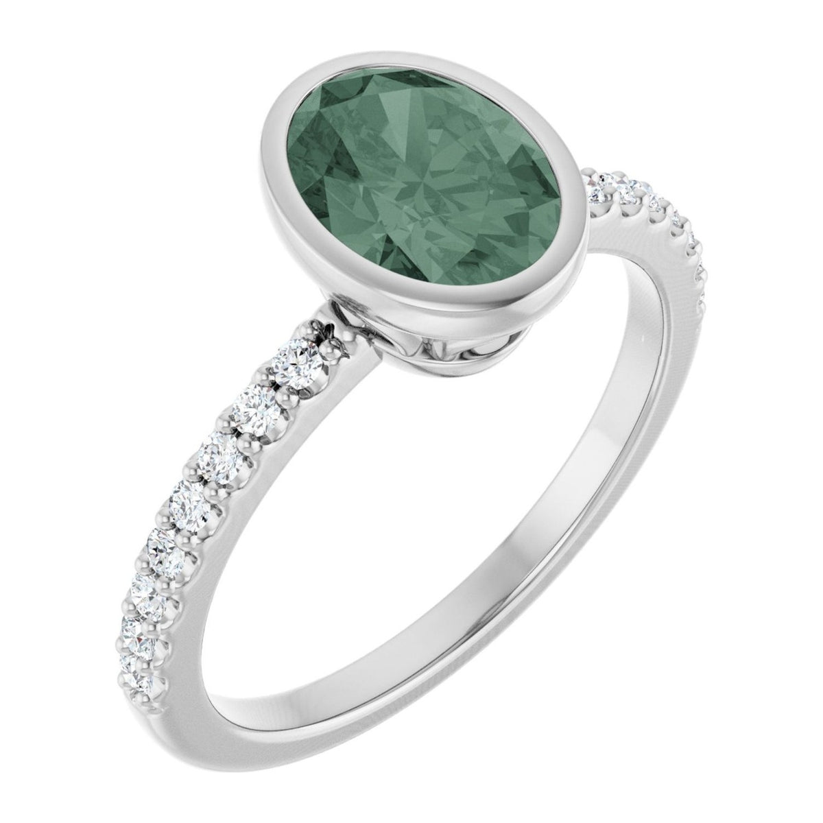Oval lab-grown green sapphire bezel pavé engagement ring in 14K White Gold, shown with a 8 x 6 mm center