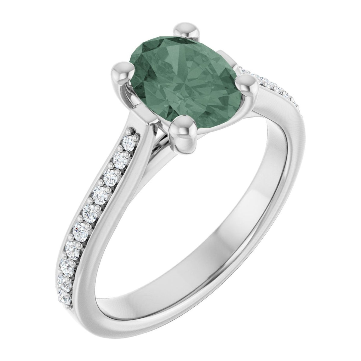Oval lab-grown green sapphire cathedral pavé engagement ring in 14K White Gold, shown with a 8 x 6 mm center