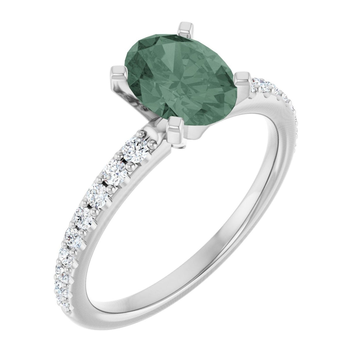 Oval lab-grown green sapphire petite pavé engagement ring in 14K White Gold, shown with a 8 x 6 mm center