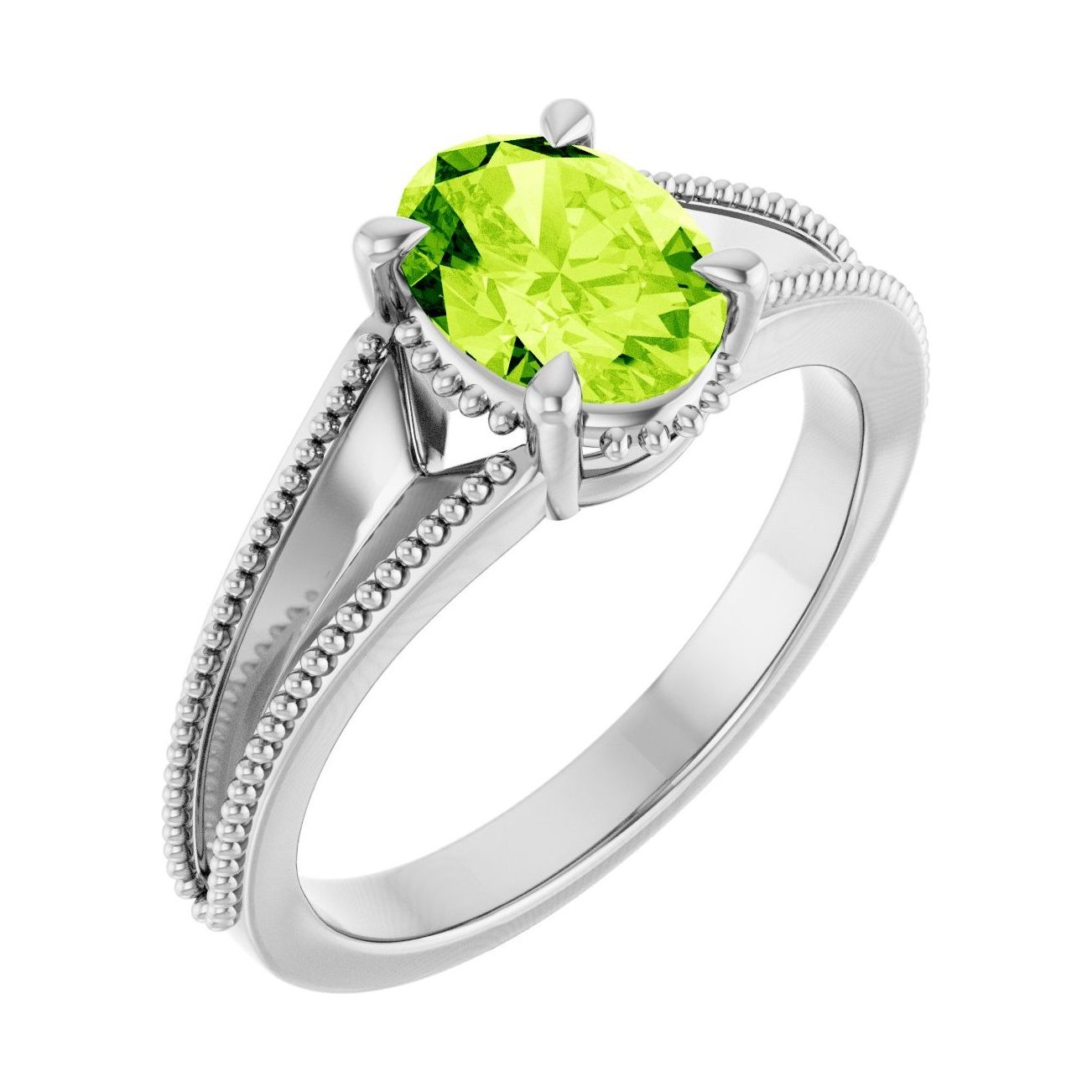 Oval Peridot Claw-Prong Solitaire Engagement Ring in 14K White Gold with 1.5 ct oval diamond