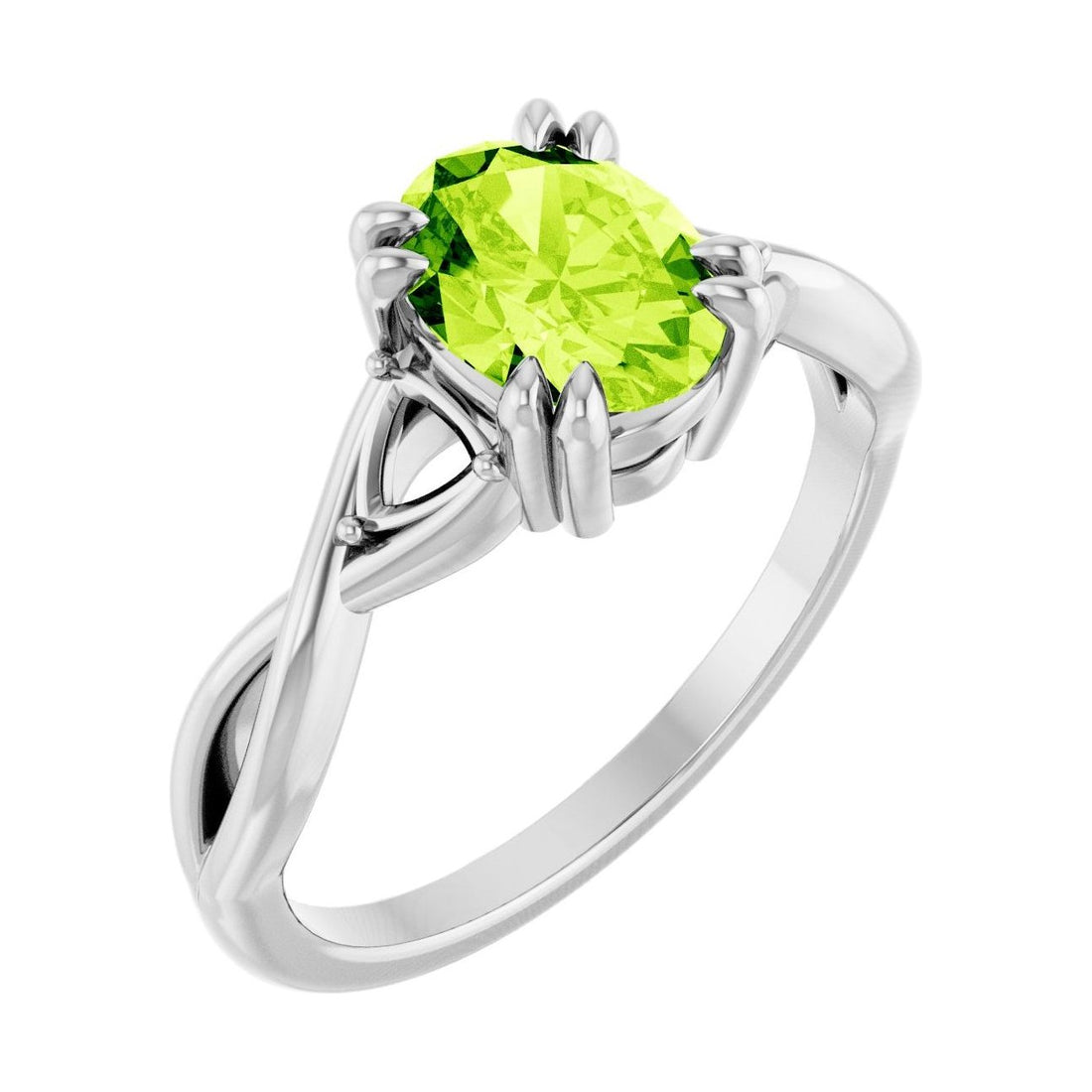 Oval Peridot Double Claw-Prong Three-Stone Engagement Ring in 14K White Gold with 1.5 ct oval diamond