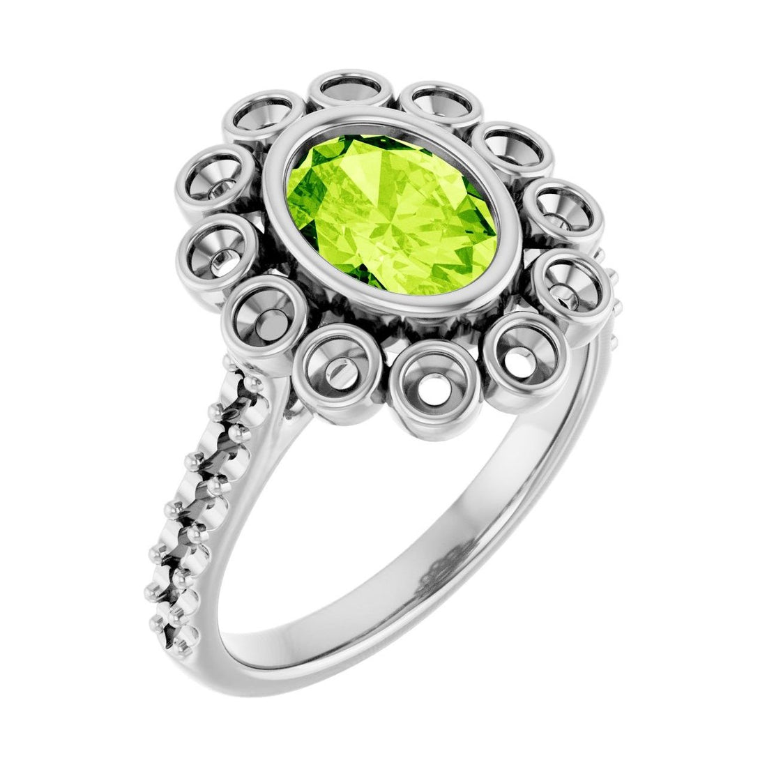 Oval Peridot Halo-Accented Bezel-Set Engagement Ring in 14K White Gold with 1.5 ct oval diamond
