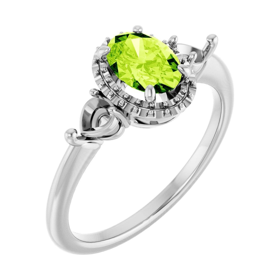 Oval Peridot Halo-Accented Three-Stone Engagement Ring in 14K White Gold with 1.0 ct oval diamond