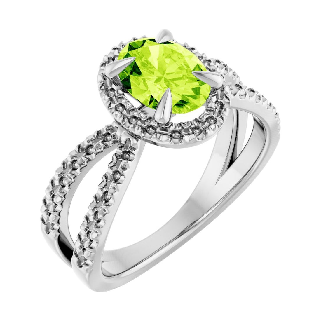 Oval Peridot Halo Engagement Ring in 14K White Gold with 1.5 ct oval diamond