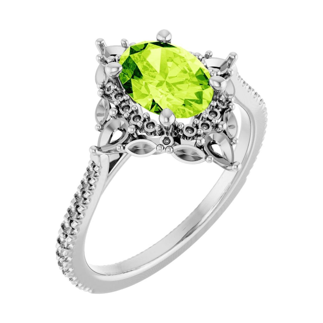Oval Peridot Halo Engagement Ring in 14K White Gold with 1.5 ct oval diamond