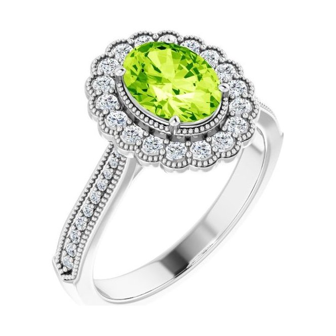 Oval Peridot Halo Engagement Ring in 14K White Gold with 1.5 ct oval diamond