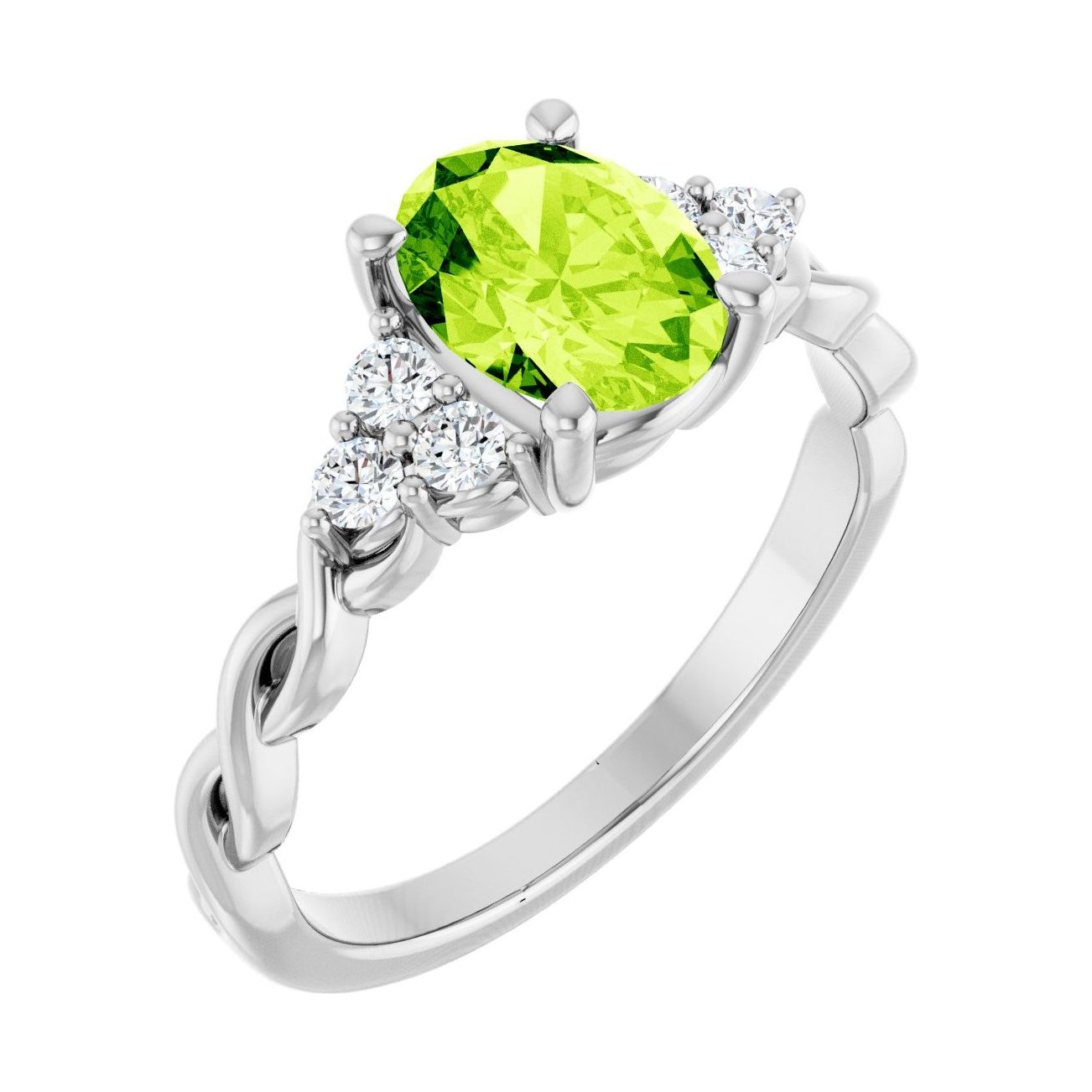 Oval Peridot Pavé Engagement Ring in 14K White Gold with 1.5 ct oval diamond