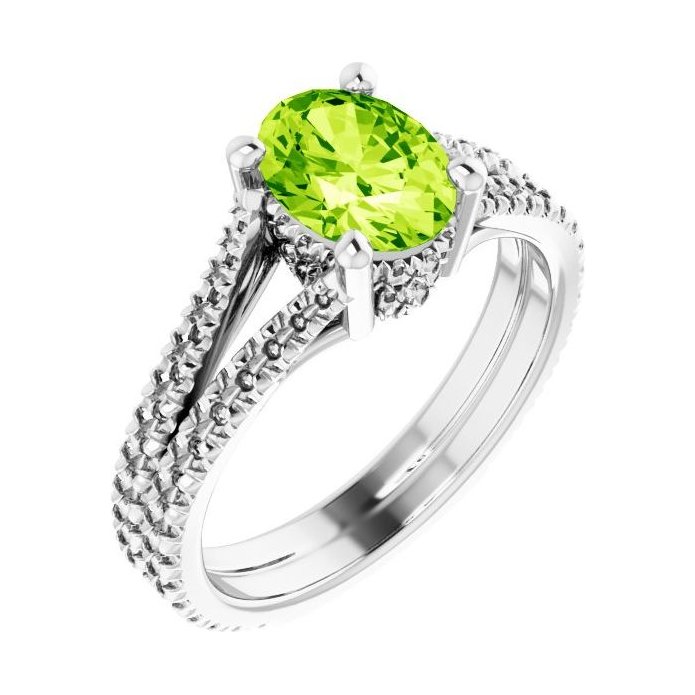 Oval Peridot Pavé Engagement Ring in 14K White Gold with 1.5 ct oval diamond