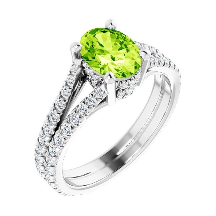 Oval Peridot Pavé Engagement Ring in 14K White Gold with 1.5 ct oval diamond