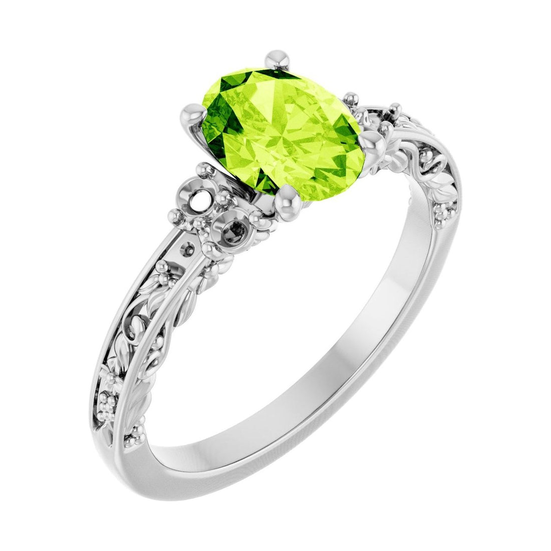 Oval Peridot Sculptural Pavé Engagement Ring in 14K White Gold with 1.5 ct oval diamond