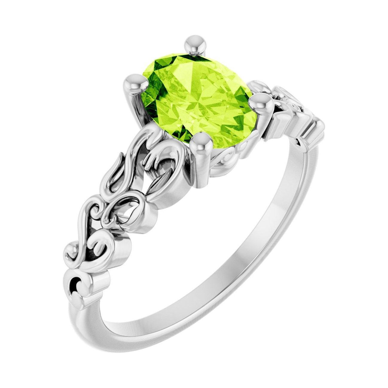 Oval Peridot Sculptural Solitaire Engagement Ring in 14K White Gold with 1.5 ct oval diamond