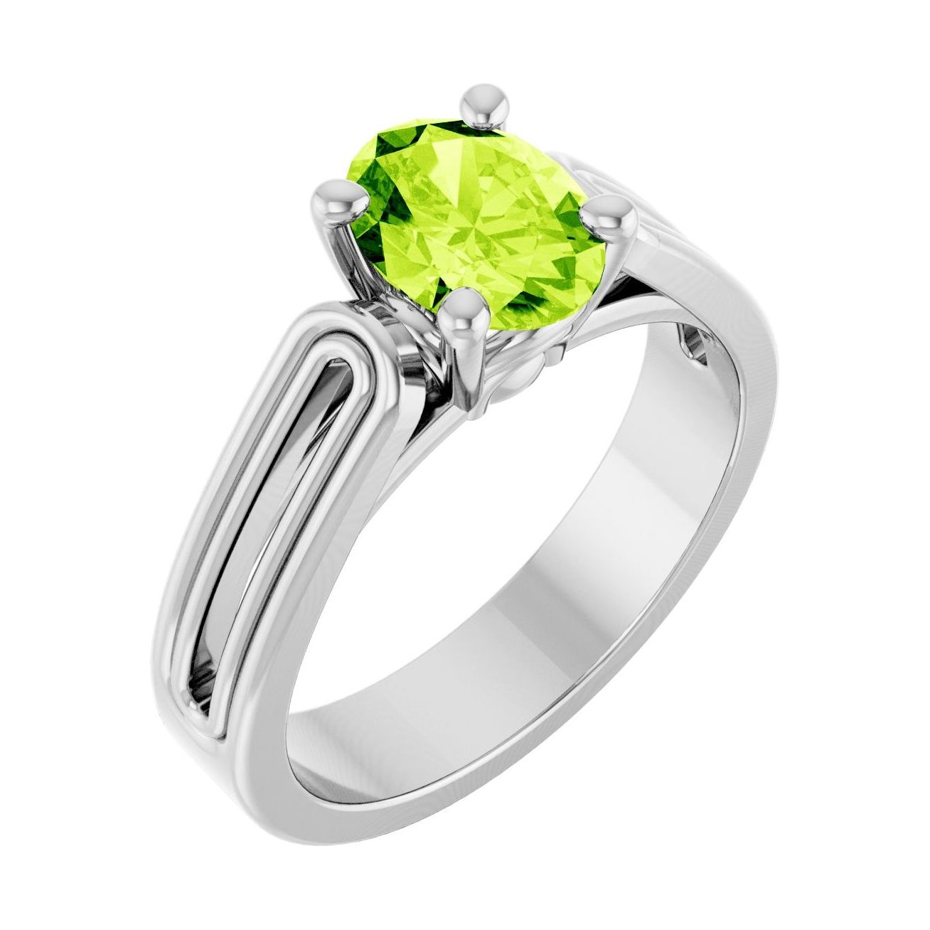 Oval Peridot Solitaire Engagement Ring in 14K White Gold with 1.5 ct oval diamond