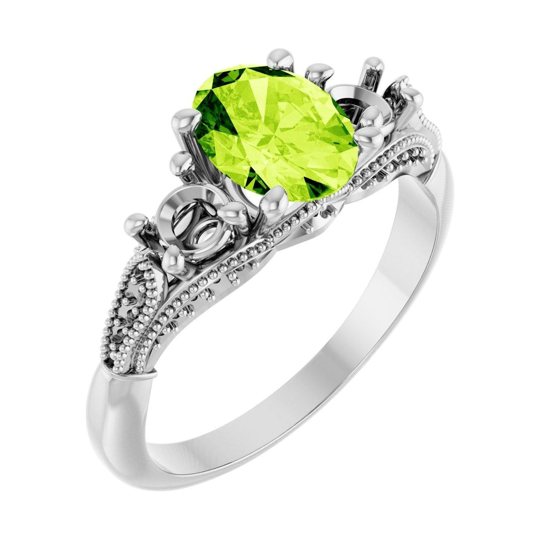 Oval Peridot Three-Stone Engagement Ring in 14K White Gold with 1.5 ct oval diamond