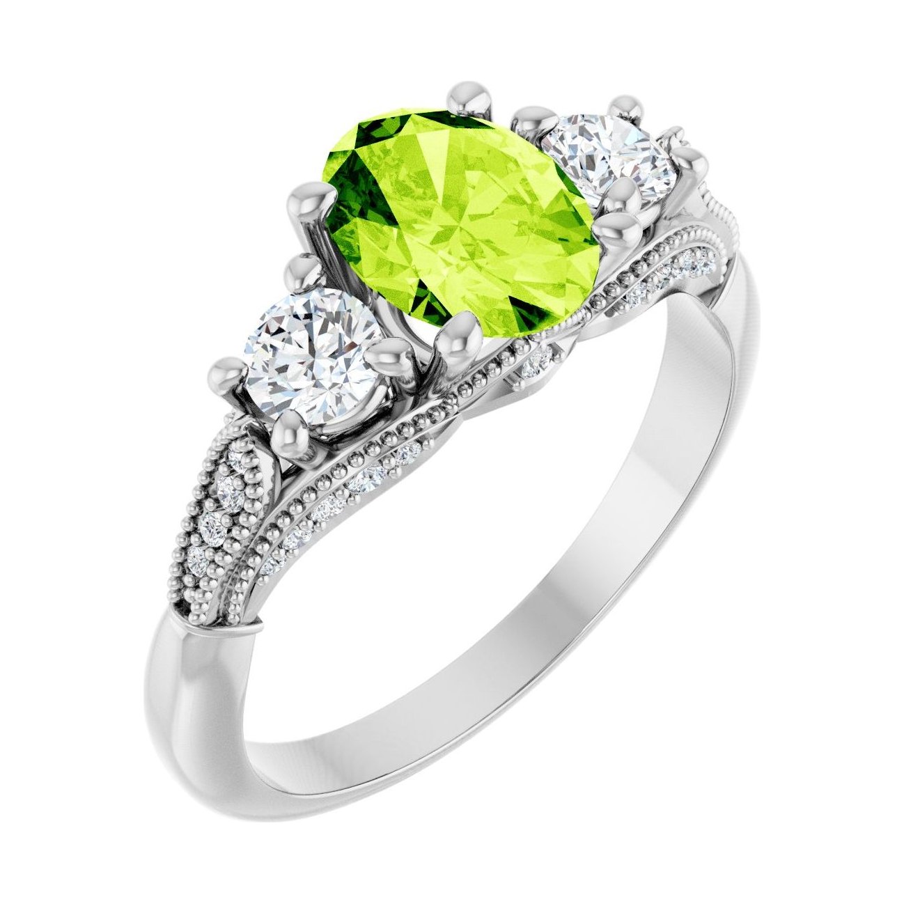 Oval Peridot Three-Stone Engagement Ring in 14K White Gold with 1.5 ct oval diamond