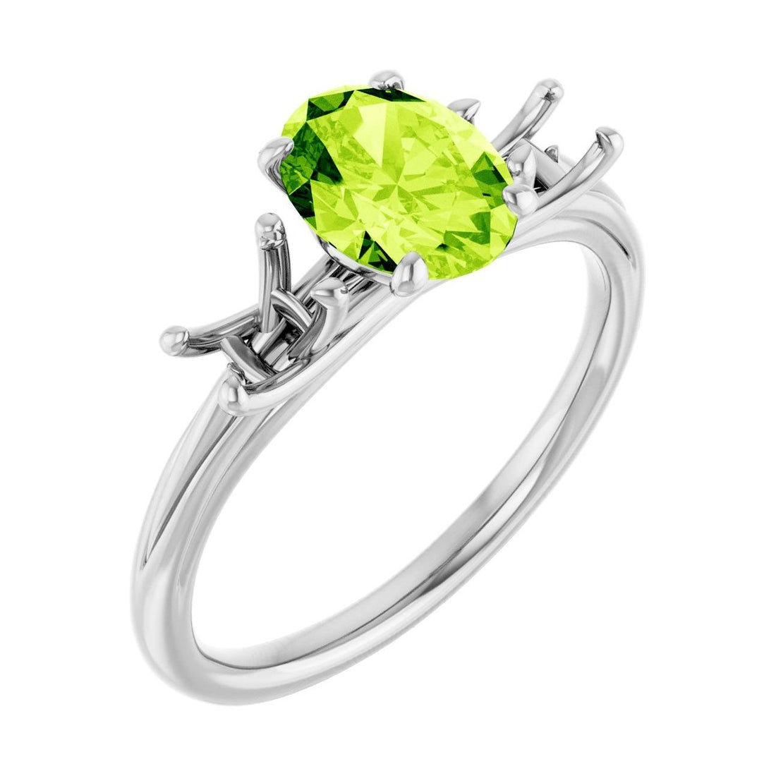 Oval Peridot Three-Stone Engagement Ring in 14K White Gold with 1.5 ct oval diamond