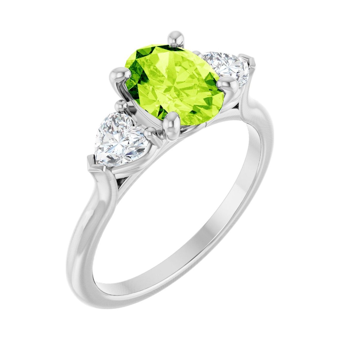 Oval Peridot Three-Stone Engagement Ring in 14K White Gold with 1.5 ct oval diamond