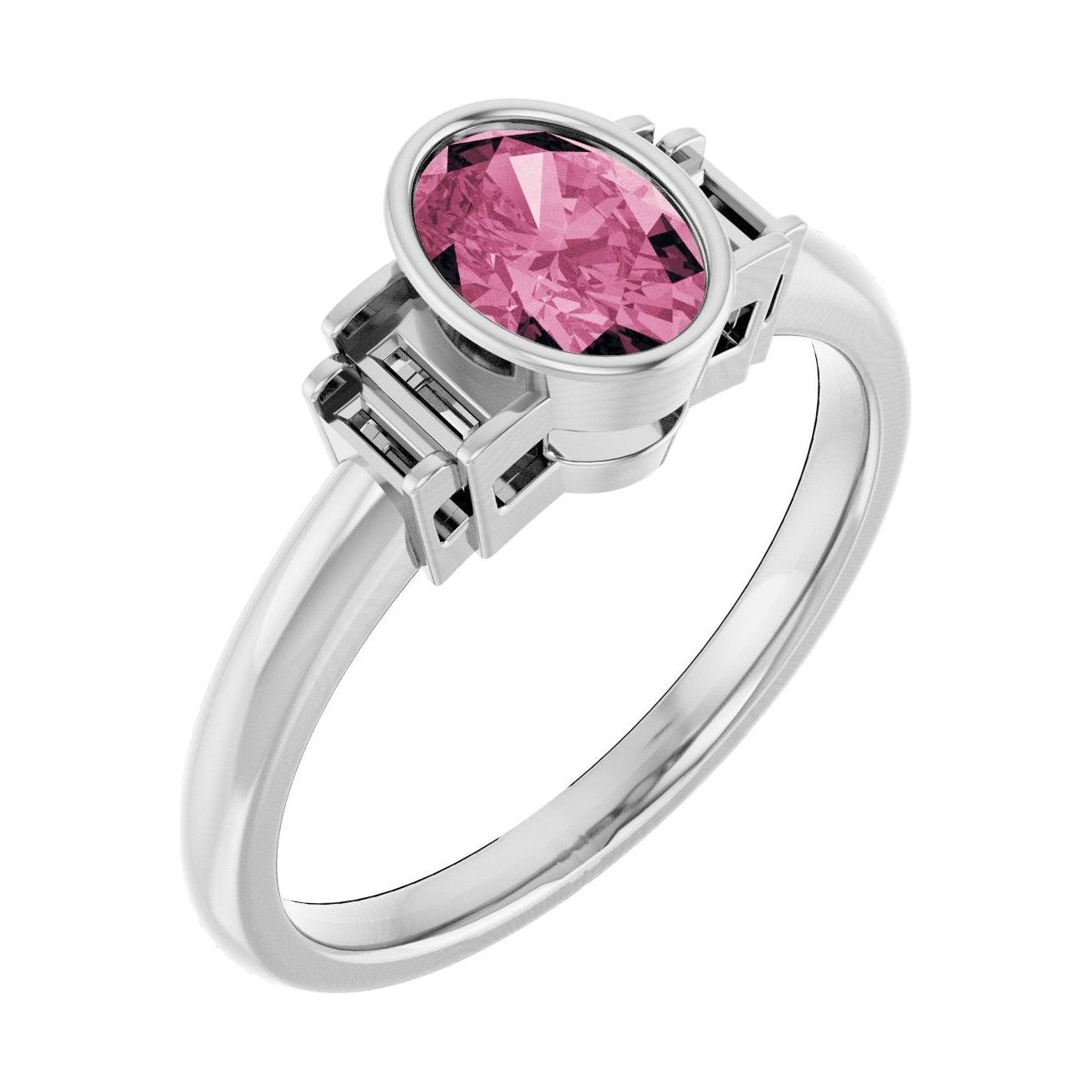 Oval Pink Tourmaline Bezel-Set Engagement Ring in 14K White Gold with 1.0 ct oval diamond