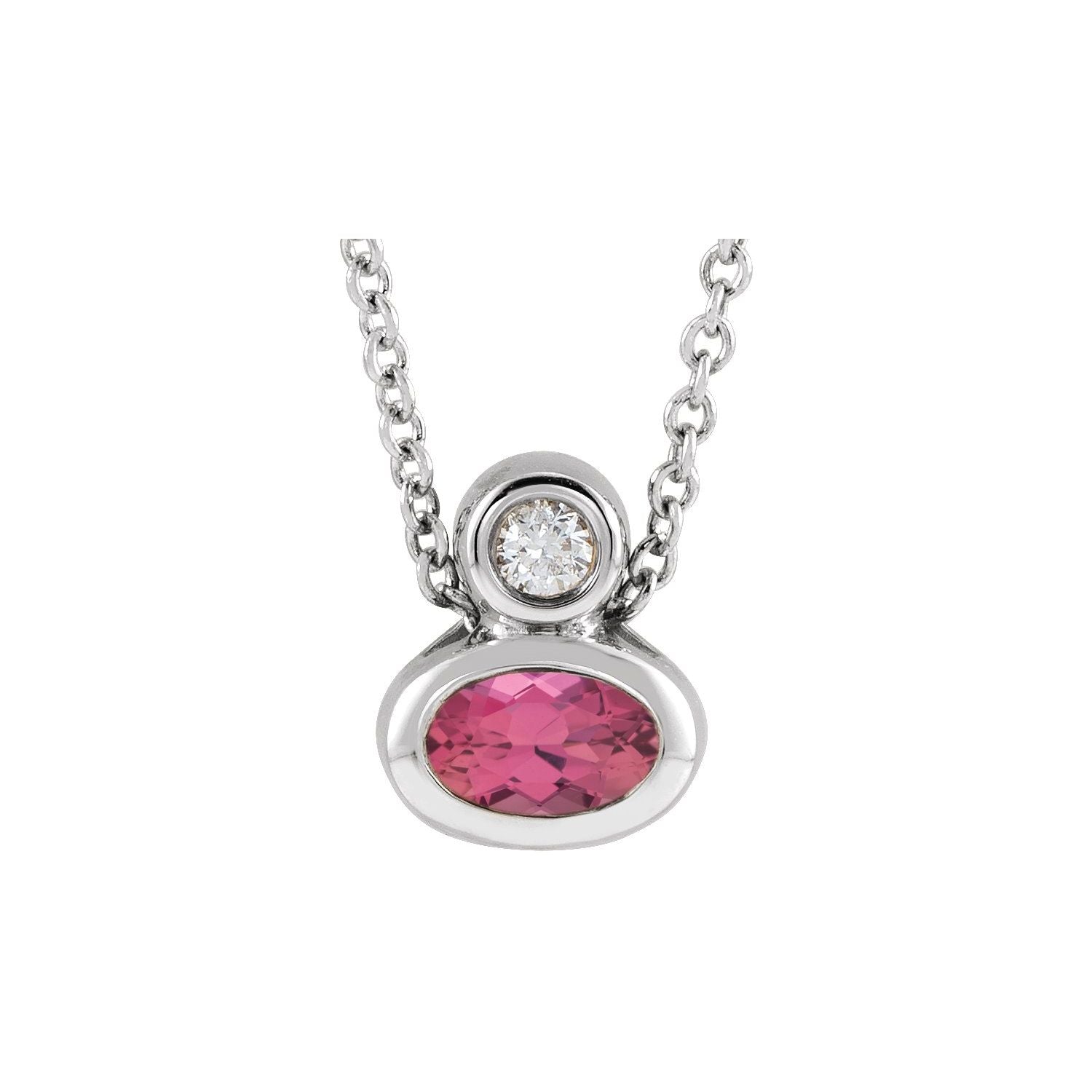 Oval Pink Tourmaline and Diamond Bezel Necklace in 14K White Gold on a 16 to 18 inch adjustable gold cable chain