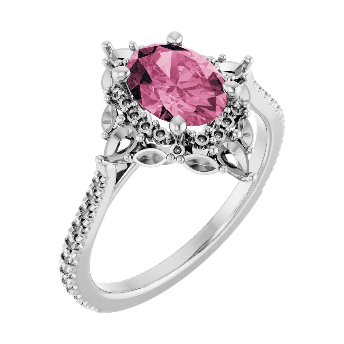 Oval Pink Tourmaline Halo Engagement Ring in 14K White Gold with 1.5 ct oval diamond