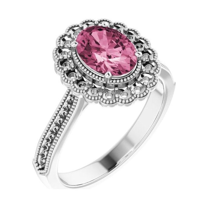 Oval Pink Tourmaline Halo Engagement Ring in 14K White Gold with 1.5 ct oval diamond