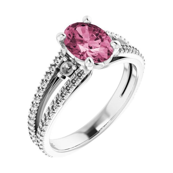 Oval Pink Tourmaline Pavé Engagement Ring in 14K White Gold with 1.5 ct oval diamond