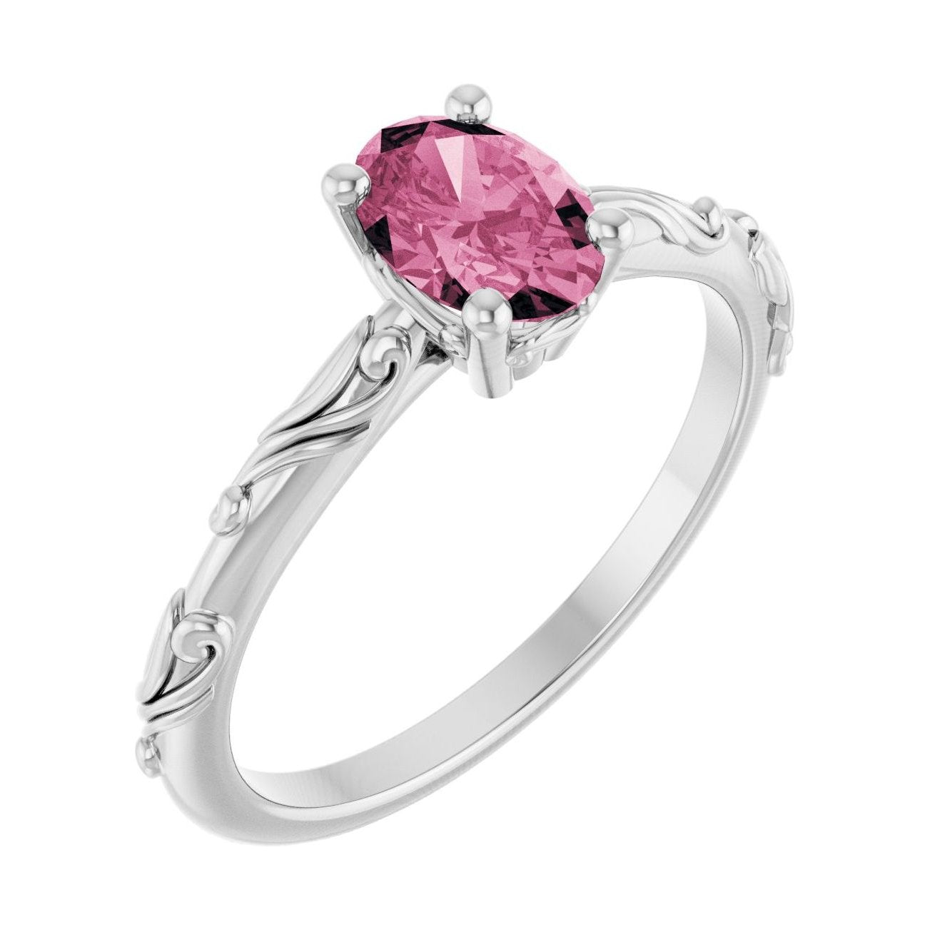 Oval Pink Tourmaline Scroll Sculptural Solitaire Engagement Ring in 14K White Gold with 1.0 ct oval diamond