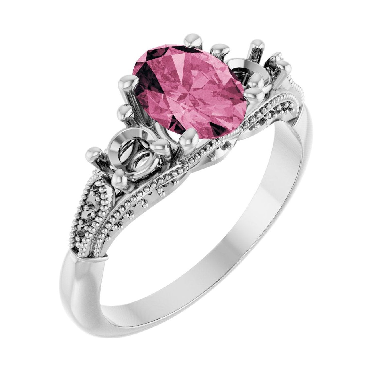 Oval Pink Tourmaline Three-Stone Engagement Ring in 14K White Gold with 1.5 ct oval diamond