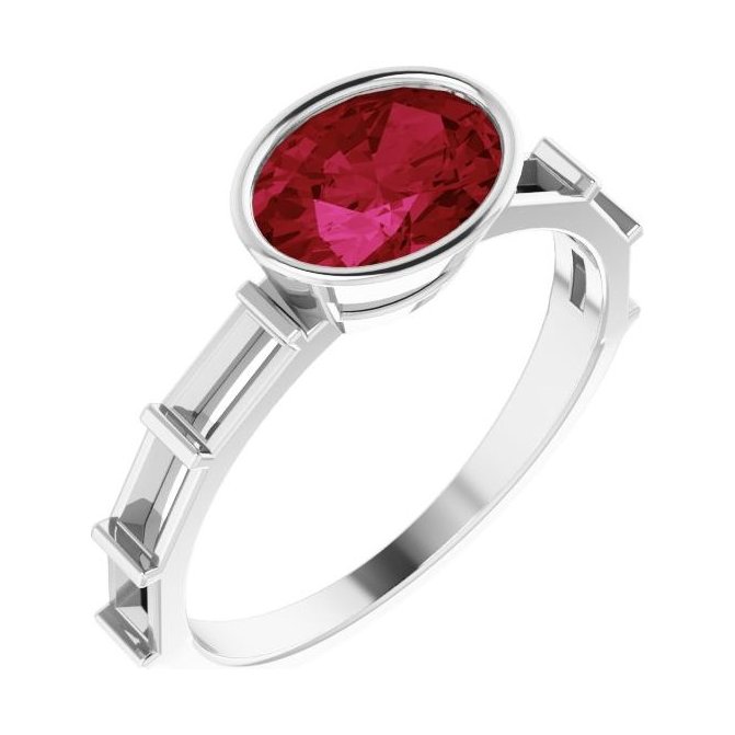 Oval Ruby Bezel-Set Engagement Ring in 14K White Gold with 1.5 ct oval diamond