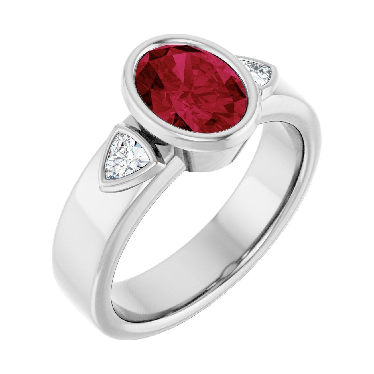 Oval Ruby Bezel-Set Engagement Ring in 14K White Gold with 1.5 ct oval diamond