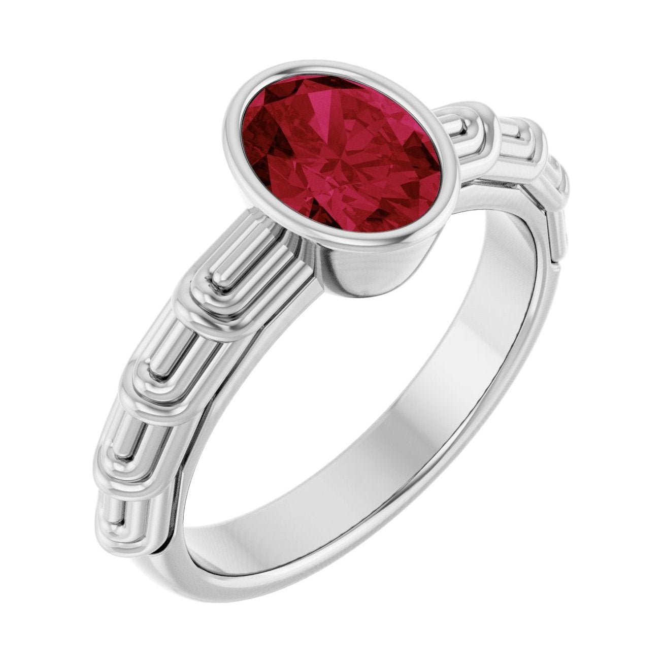 Oval Ruby Bezel-Set Engagement Ring in 14K White Gold with 1.5 ct oval diamond