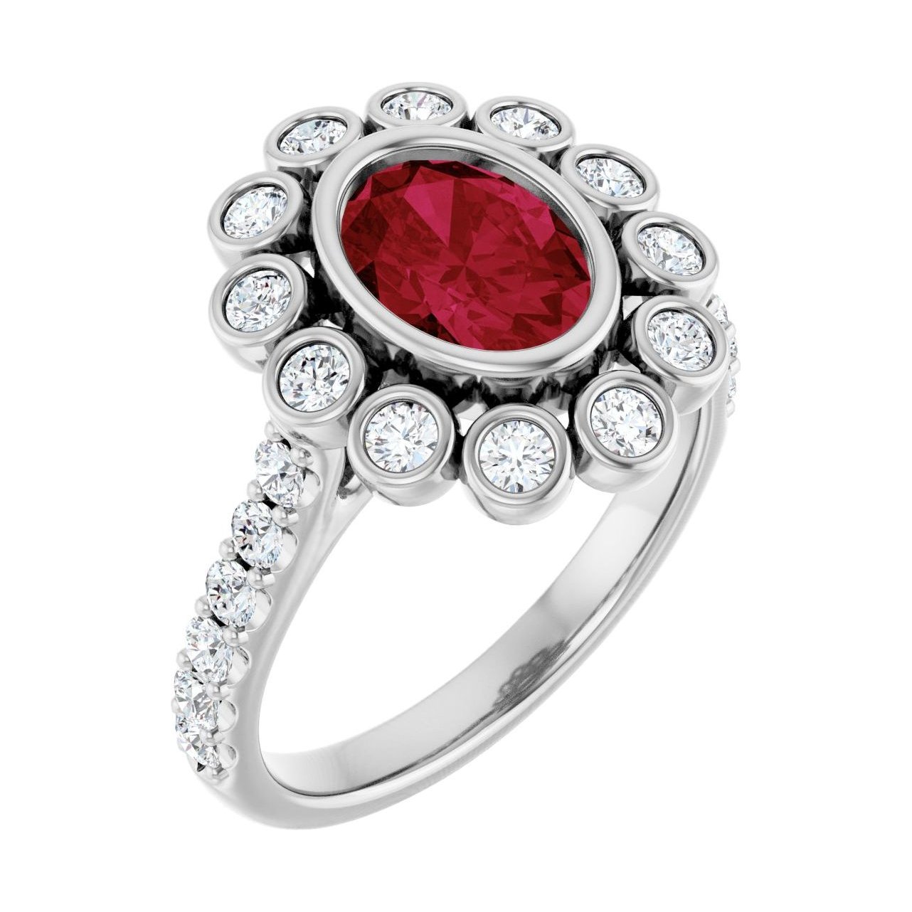 Oval Ruby Halo-Accented Bezel-Set Engagement Ring in 14K White Gold with 1.5 ct oval diamond
