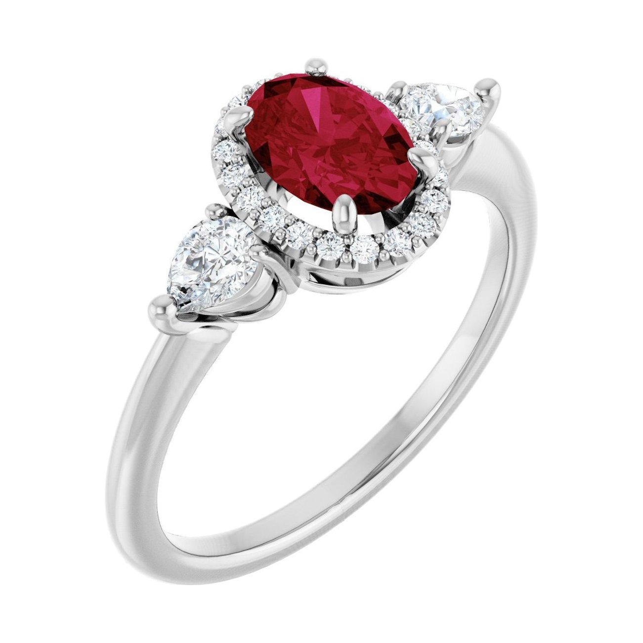 Oval Ruby Halo-Accented Three-Stone Engagement Ring in 14K White Gold with 1.0 ct oval diamond