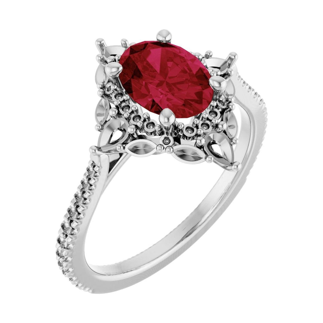 Oval Ruby Halo Engagement Ring in 14K White Gold with 1.5 ct oval diamond