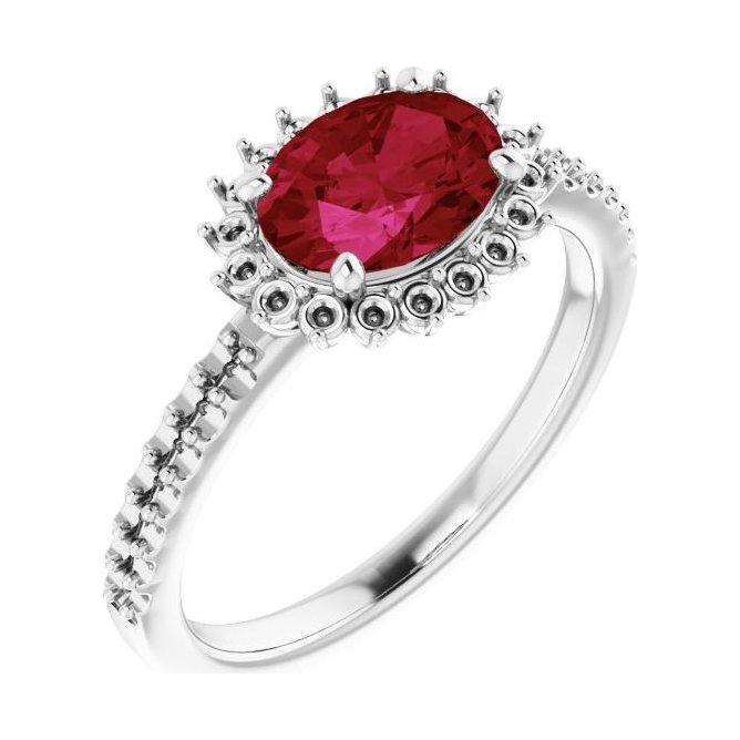 Oval Ruby Halo Engagement Ring in 14K White Gold with 1.5 ct oval diamond