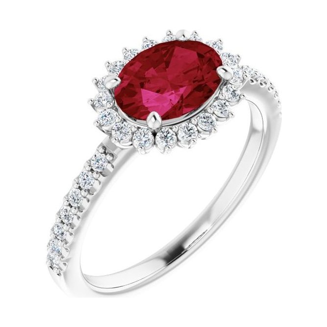 Oval Ruby Halo Engagement Ring in 14K White Gold with 1.5 ct oval diamond