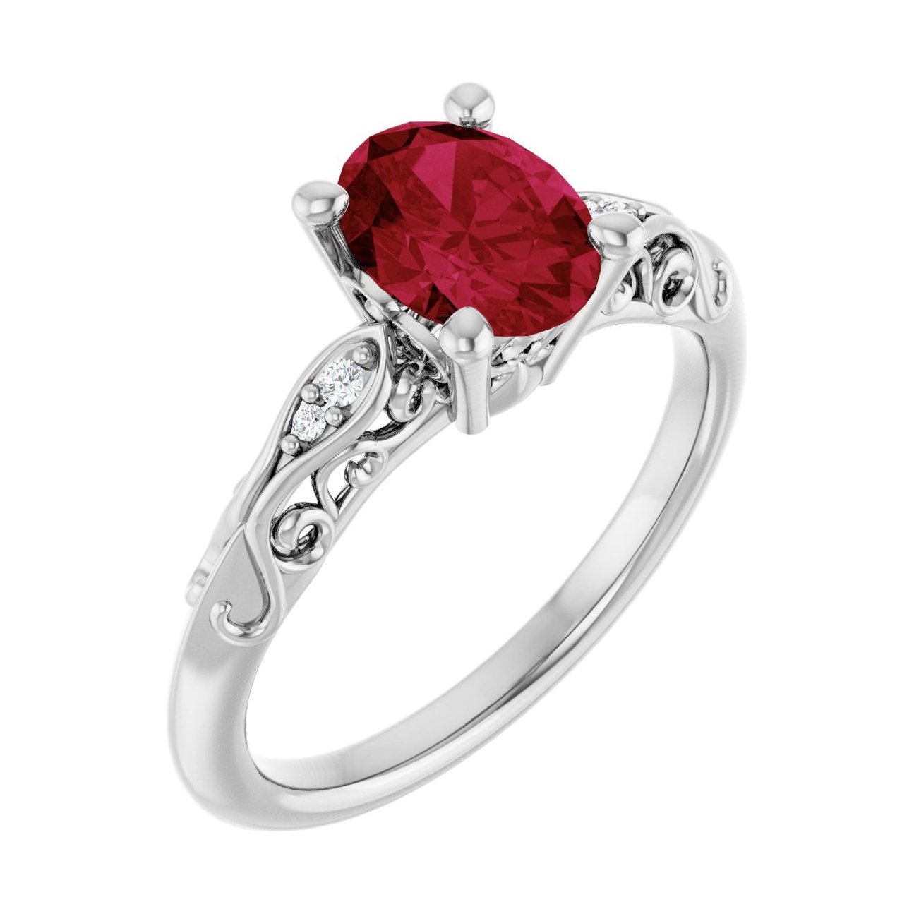 Oval Ruby Pavé Engagement Ring in 14K White Gold with 1.5 ct oval diamond