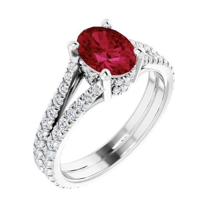Oval Ruby Pavé Engagement Ring in 14K White Gold with 1.5 ct oval diamond