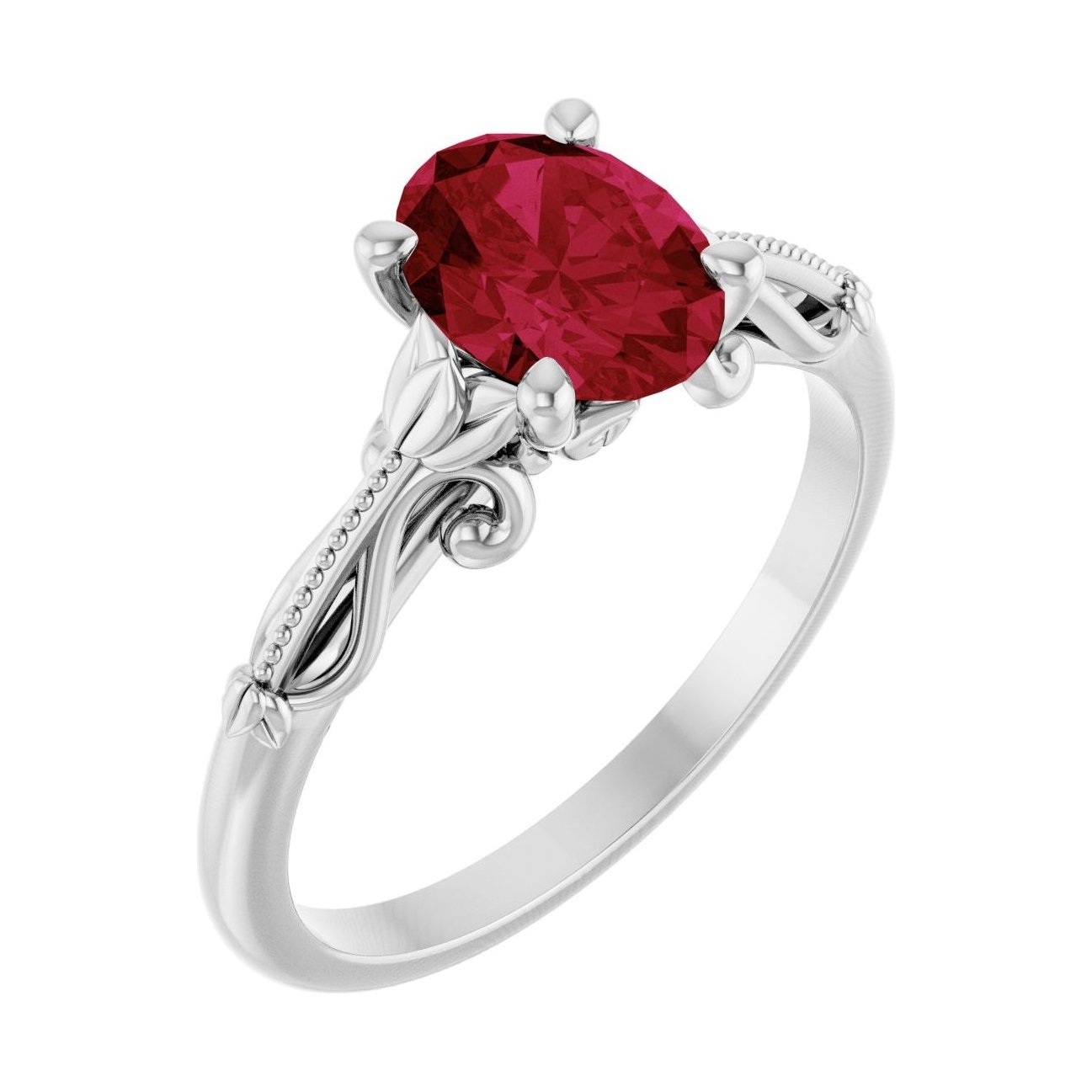 Oval Ruby Sculptural Solitaire Engagement Ring in 14K White Gold with 1.5 ct oval diamond